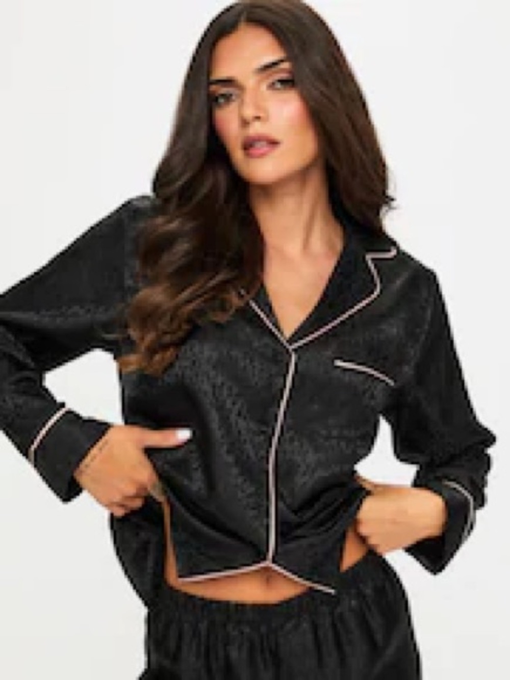 Victoria's Secret Black Satin Pajama Top with Pink Contrast Piping